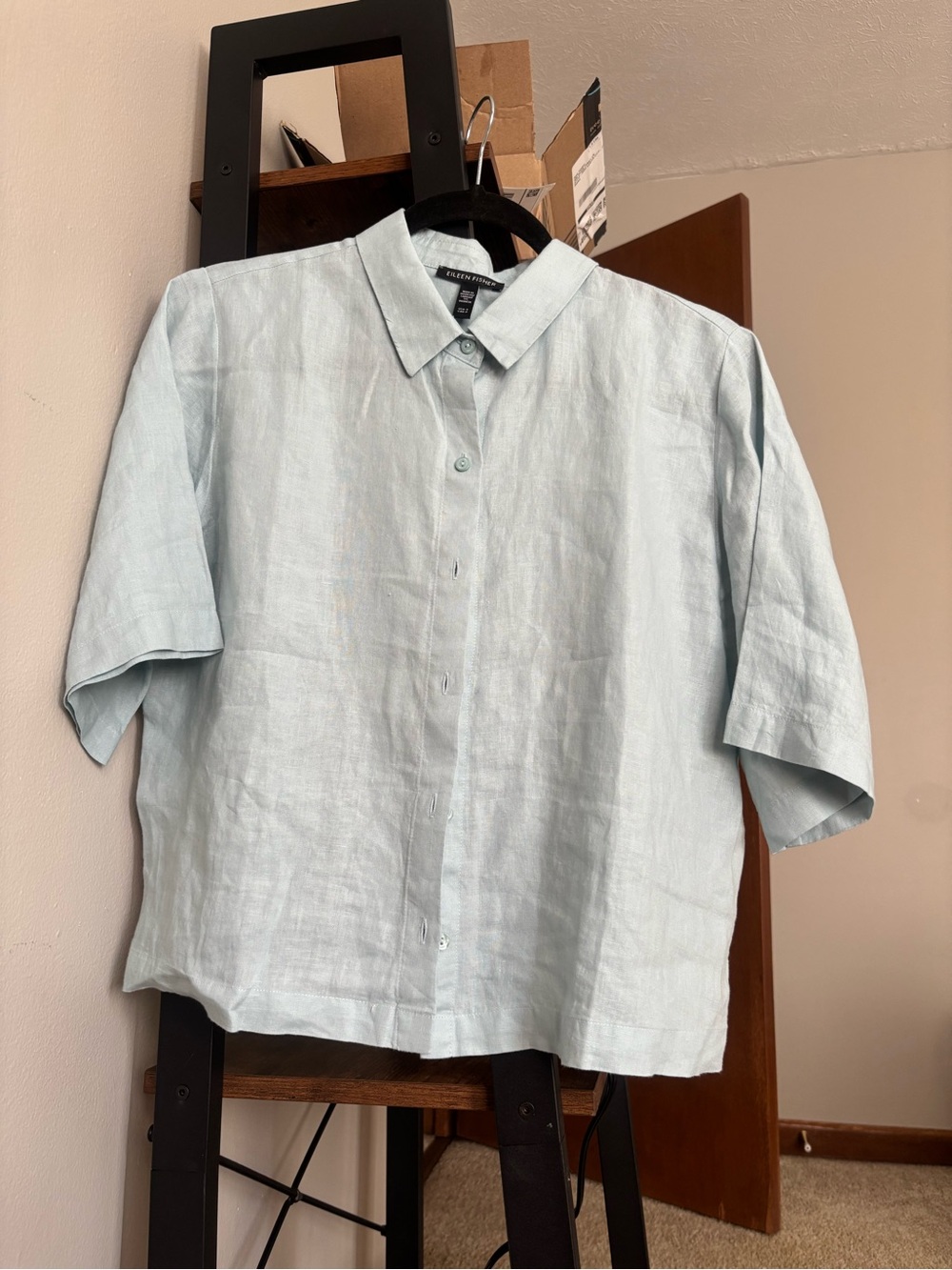 Eileen Fisher Light Blue Short-Sleeve Linen Button-Down Shirt